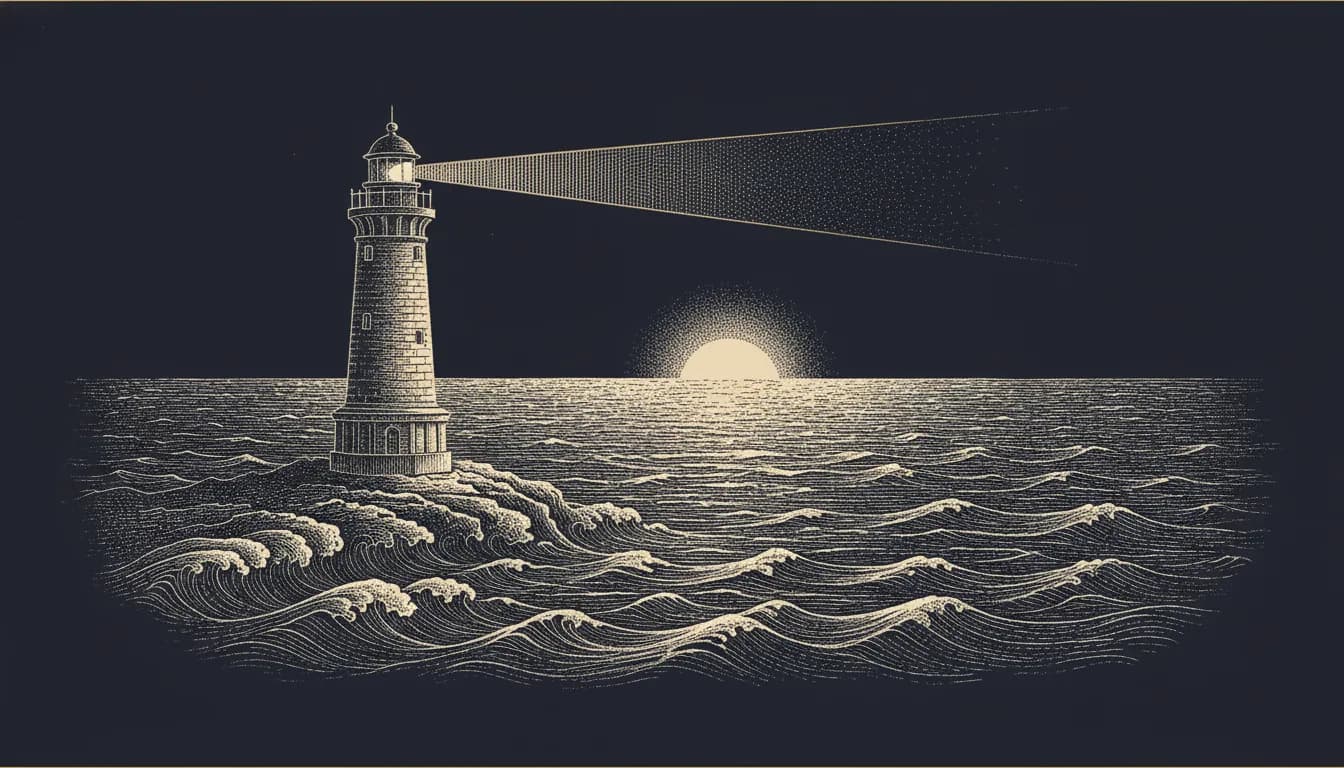 Gravure ancienne d'un phare dominant une mer calme, symbole de protection de long terme
