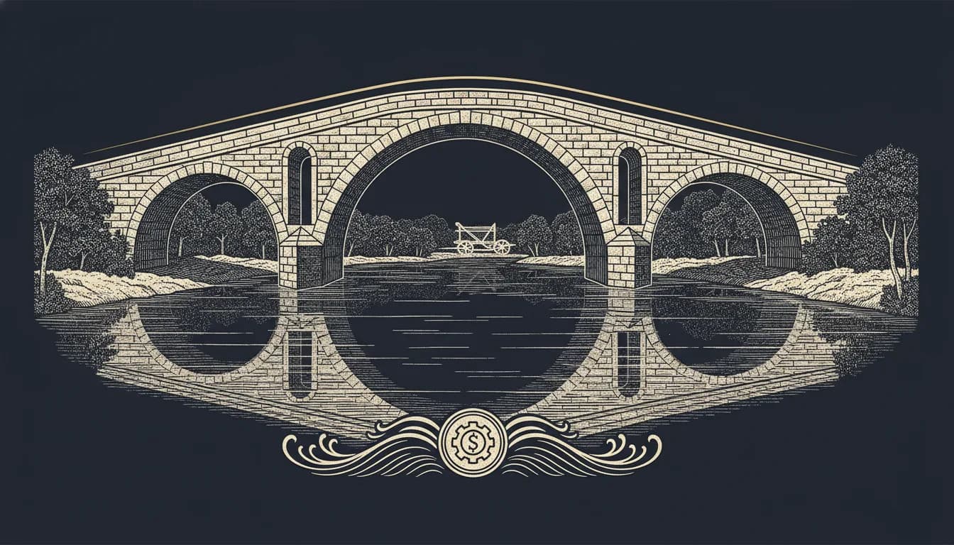 Gravure ancienne d'un pont de pierre à arches enjambant un fleuve