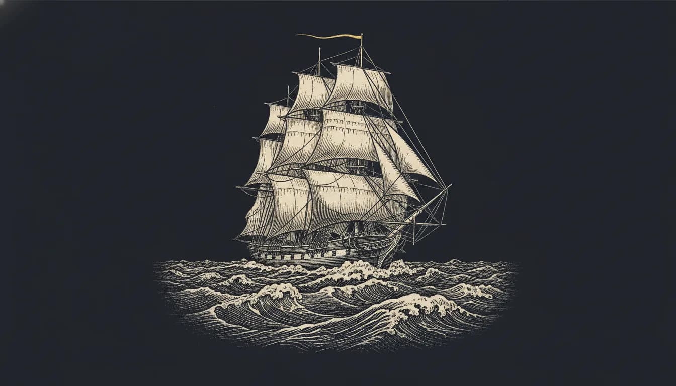 Gravure ancienne d'un trois-mâts marchand toutes voiles dehors, symbole d'entreprise