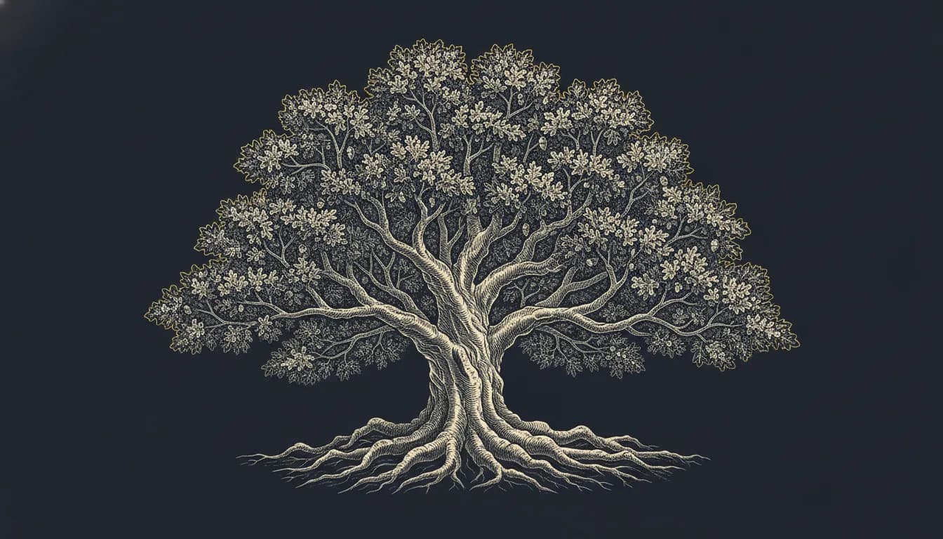 Gravure ancienne d'un chêne majestueux aux racines profondes, symbole de croissance composée