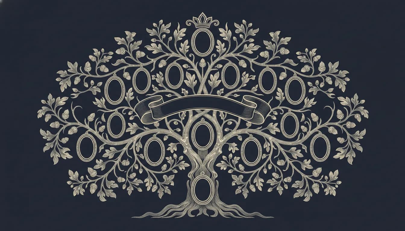 Gravure ancienne d'un arbre généalogique aux branches entrelacées