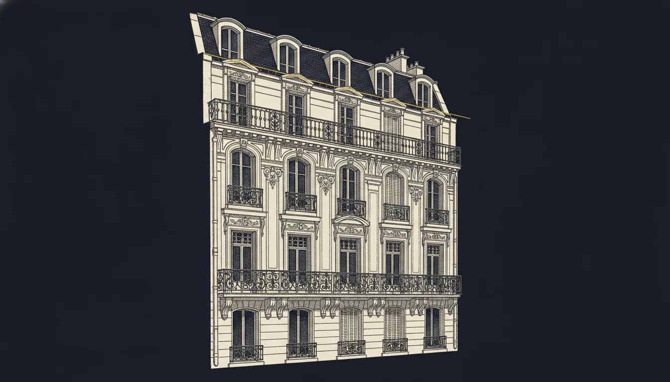 Gravure ancienne d'une façade haussmannienne parisienne