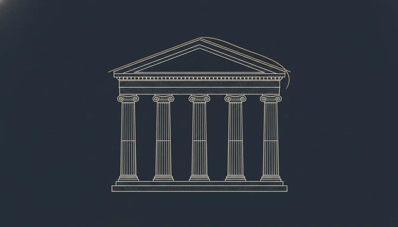 Gravure ancienne d'un fronton de temple néoclassique à colonnes